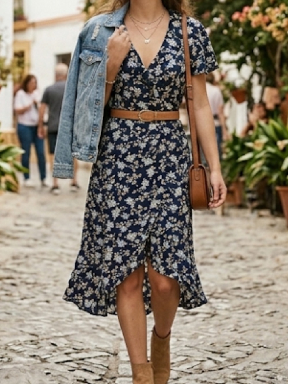 Time and Tru Navy Floral V-Neck Ruffle Midi Dress